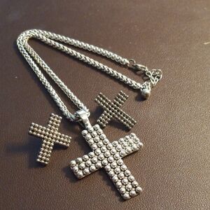 Silver Cross Pendant Necklace And Pierced Earrings Set